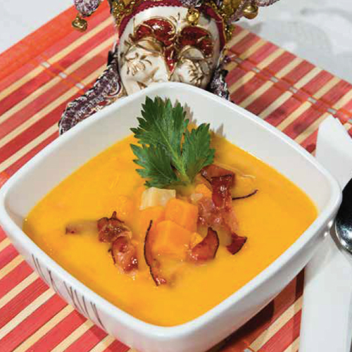 savanyú édesburgonyaleves baconnel